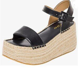 YDN Black Ankle Strap Sandals Braid Platform Wedge High Heeled Open Toe Shoe